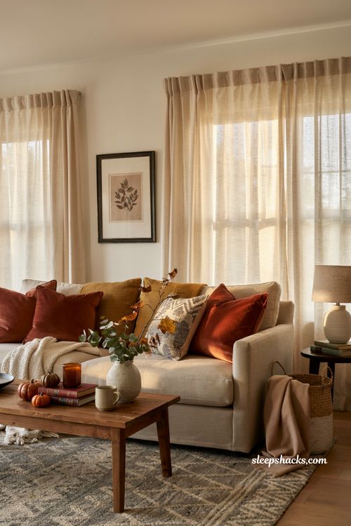 Rust and mustard throw pillow ideas for a cozy fall living room with warm autumn colors