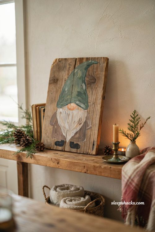 Rustic Christmas gnome painting on wood with farmhouse holiday decor