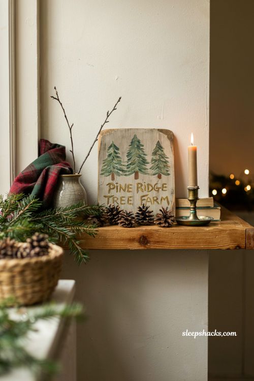 Rustic Christmas tree farm sign painting on wood with simple farmhouse trees