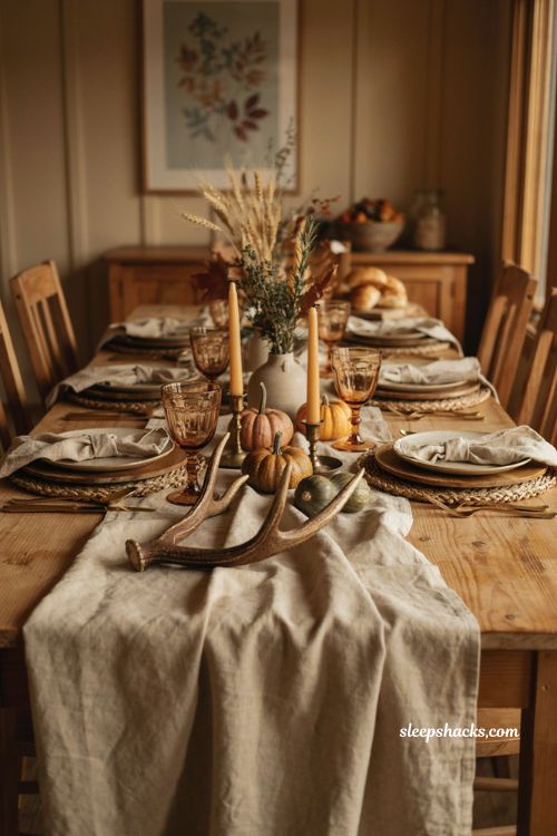 Rustic antler centerpiece with dried wheat and wooden chargers for Thanksgiving