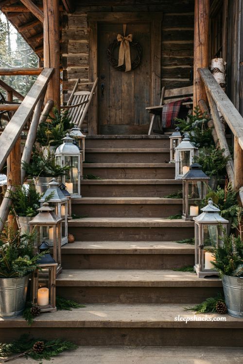 Rustic christmas front porch steps lined with vintage lanterns and mountain cabin holiday decor