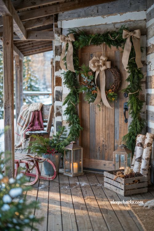 Rustic christmas front porch with burlap bows and natural farmhouse holiday greenery