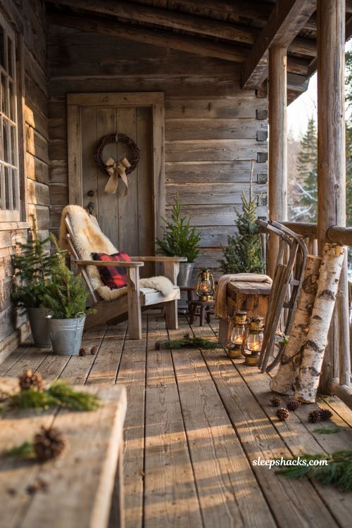 Rustic christmas front porch with faux fur throw on adirondack chairs and cozy cabin decor