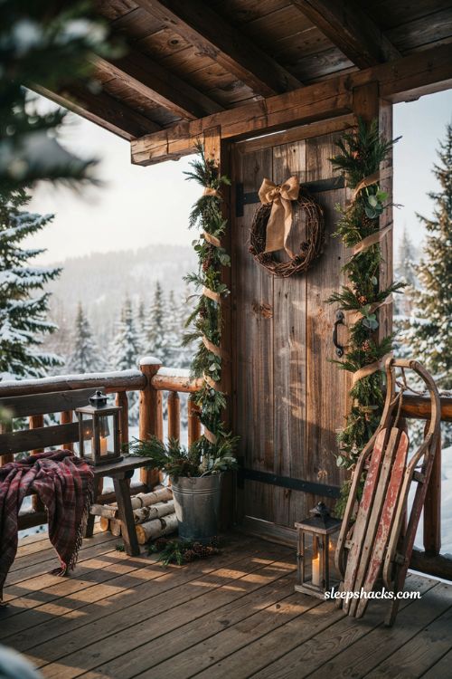 Rustic christmas front porch with natural garland wrapped porch posts and cabin holiday decor