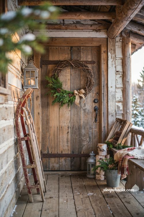Rustic christmas front porch with natural grapevine wreath and mountain cabin holiday decor