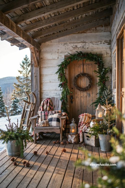 Rustic christmas front porch with plaid throws buffalo check pillows and cozy cabin decor