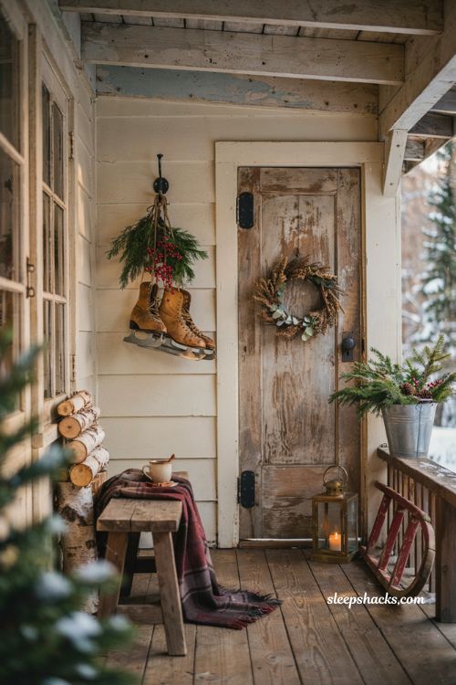 Rustic christmas front porch with vintage leather ice skates and cozy cabin holiday decor