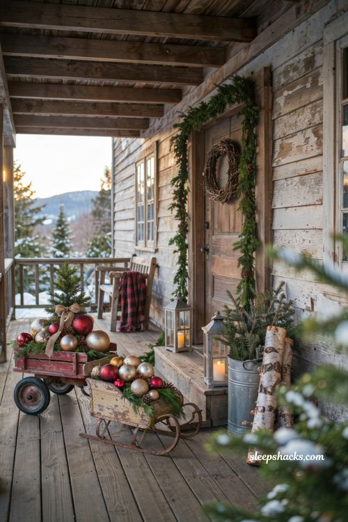 Rustic christmas front porch with vintage red wagon filled with ornaments and mini christmas tree