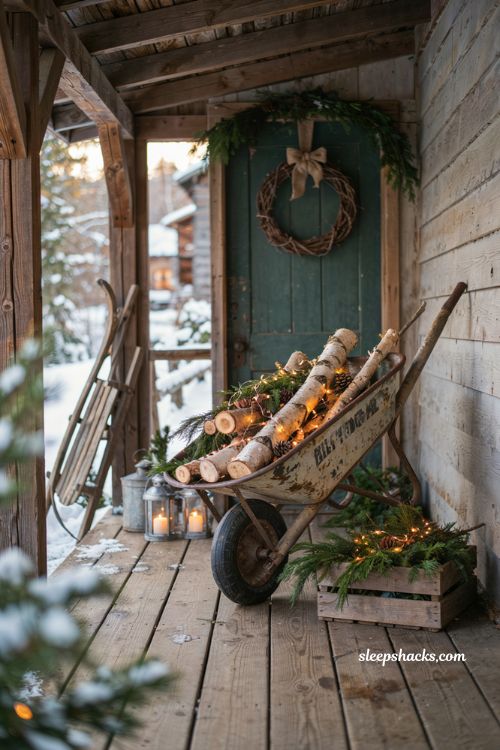 Rustic christmas front porch with vintage wheelbarrow filled with birch logs and evergreen branches