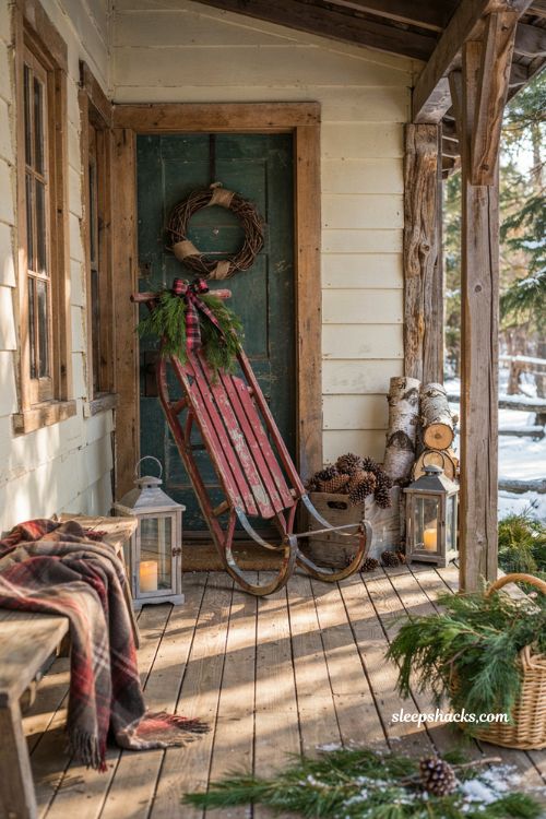 Rustic christmas front porch with weathered wood sled and vintage farmhouse holiday decor