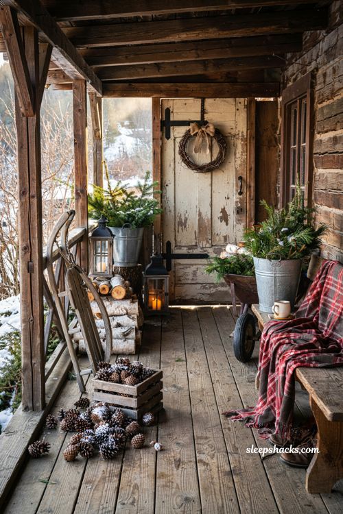 Rustic christmas front porch with weathered wood vintage decor and cozy farmhouse holiday styling