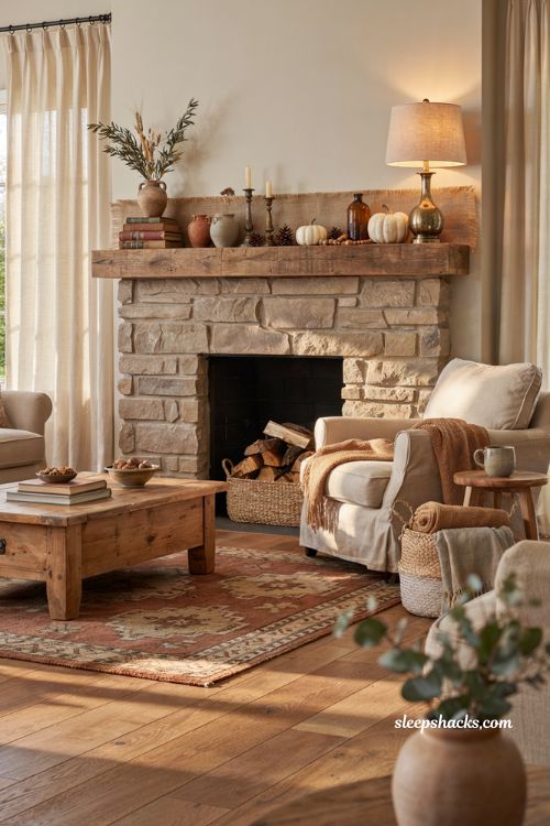 Rustic fall mantel with burlap runner vintage decor and cozy farmhouse style