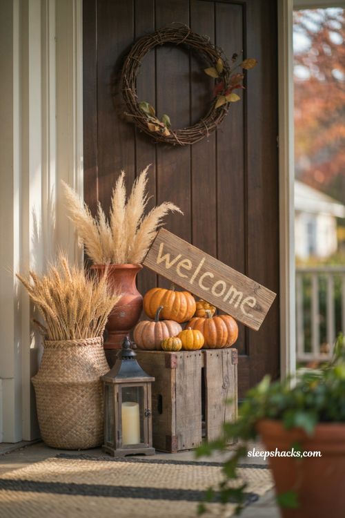Rustic fall welcome sign entryway decor with pumpkins wood crate wheat and farmhouse accents