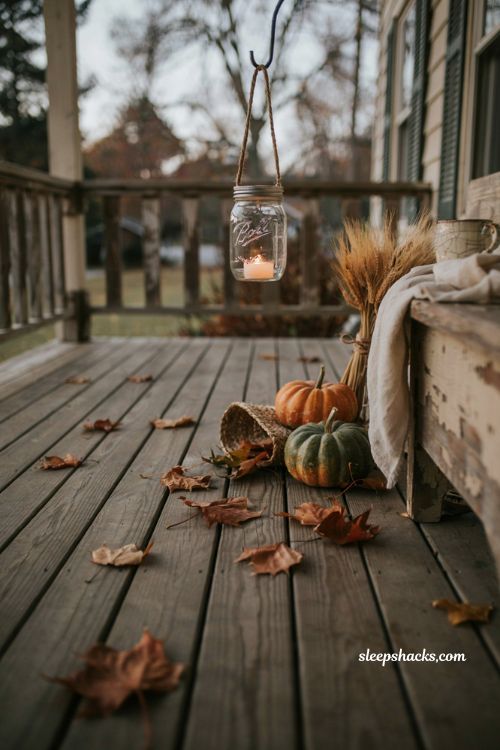 Rustic lantern style mason jar with warm fall porch lighting and autumn decor