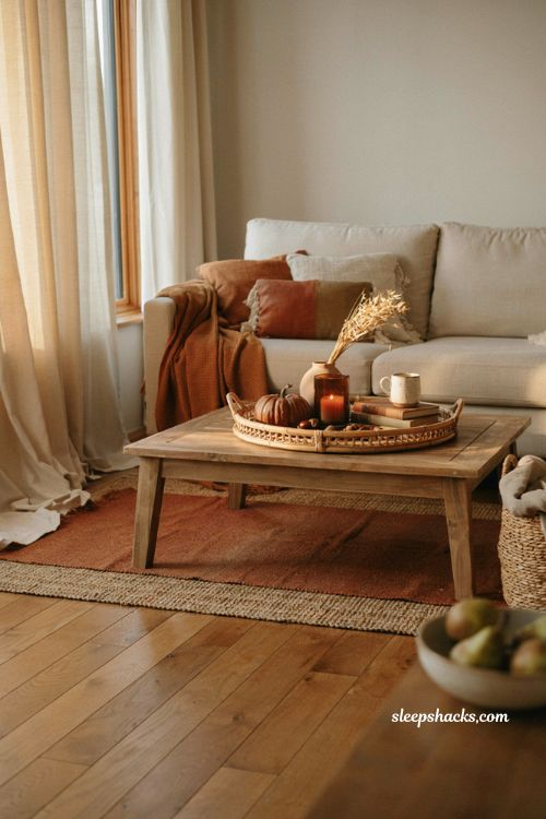 Rustic rattan and wood tray ideas for cozy indoor fall coffee table decor