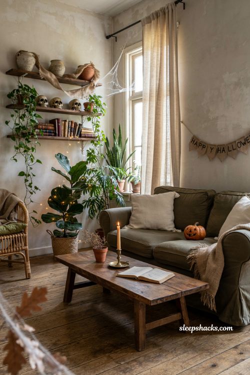 Rustic witch Halloween living room decor with burlap garland, plants, skulls, and string lights 