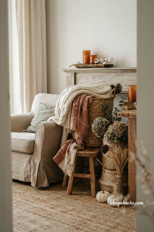 Rustic woven basket decor ideas for cozy farmhouse fall living room styling