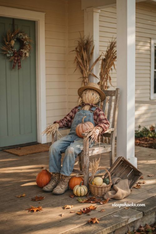 Scarecrow porch fall decor with flannel denim pumpkin cornstalks straw hat and cozy farmhouse autumn entry 
