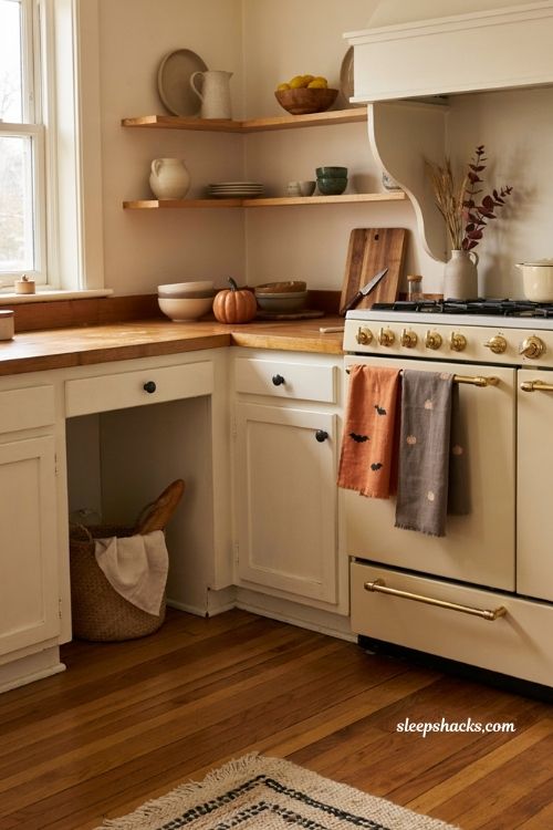 Scary Squad Halloween tea towels in a cozy farmhouse kitchen with fall decor