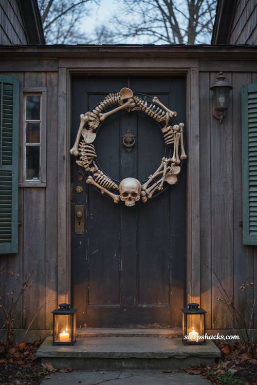 Scattered bone Halloween wreath with skull on dark front door