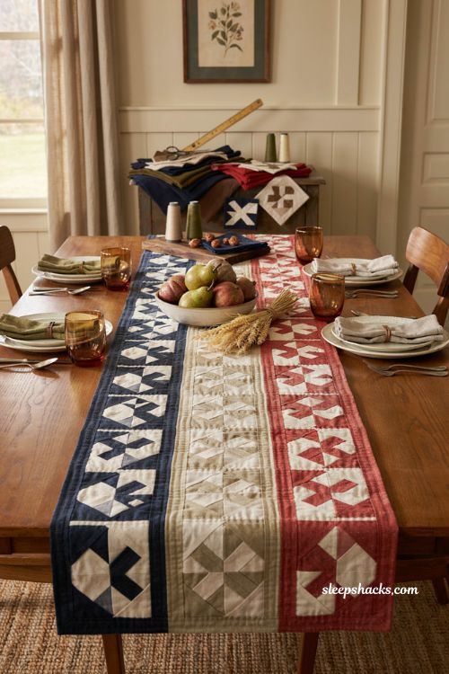 Scrappy fall table runner with hourglass and flying geese quilt blocks in navy olive brown and red