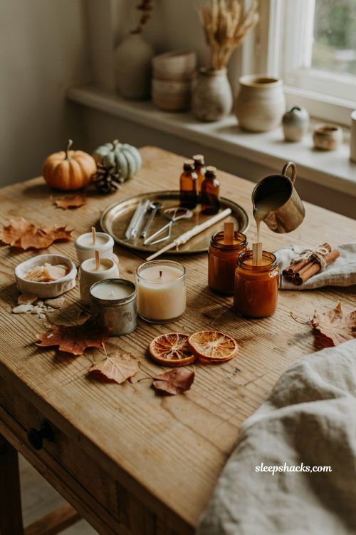Shot type — Vertical three-quarter editorial close interior photograph from slightly above a rustic craft table, centered on a handmade soy wax pumpkin spice candle in a small amber glass jar alongside the simple candle-making setup, with the full workspace, finished candle, pouring tools, wax, spices, and surrounding autumn details clearly visible, balanced Pinterest-friendly composition, natural depth, and every wax texture, spice detail, glass surface, and wood grain fully sharp and detailed. Room description — A warm, lived-in home craft corner capturing the simple satisfaction of making a classic pumpkin spice candle from scratch. The finished soy wax candle sits prominently in a small amber glass vessel with a centered cotton or wooden wick and a smooth creamy wax surface. Beside it are a small metal pouring pitcher containing melted soy wax, a heat-safe measuring cup, cinnamon sticks, whole cloves, a few vanilla pods, small unlabeled amber fragrance bottles, and a wooden stirring stick. A miniature pumpkin, folded linen cloth, and a few dried autumn leaves connect the practical candle-making workspace to the cozy feeling of fall. The setup feels approachable and beginner-friendly, showing the foundational process behind homemade seasonal candles rather than a polished commercial product display. Style and era — Rustic vintage cottage craft room blended with farmhouse and old apothecary styling, featuring weathered wood, amber glass, handmade ceramics, brushed metal tools, linen textiles, natural spices, and traditional autumn accents. Color palette — Creamy ivory wax, warm amber, cinnamon brown, clove brown, soft pumpkin orange, muted rust, vanilla beige, oatmeal, dried wheat, and natural walnut, creating a rich but gentle pumpkin spice palette. Key props and details — Handmade soy wax pumpkin spice candle in an amber glass jar, centered wick, small metal pouring pitcher with melted creamy wax, heat-safe measuring cup, wooden stirring stick, cinnamon sticks, whole cloves, vanilla pods, small amber fragrance bottles with no readable labels, miniature pumpkin, dried autumn leaves, linen cloth, rustic wooden tray, weathered craft table, and a simple handmade ceramic bowl. Include realistic wax details such as a perfectly smooth but subtly handmade surface, a tiny amount of wax residue near the pouring pitcher, faint fragrance-oil sheen, natural spice variations, slightly worn metal tools, visible amber glass reflections, irregular wood grain, linen wrinkles, and small scratches on the work surface. Keep the scene organized but clearly functional, emphasizing the approachable foundation of a homemade soy candle. Lighting — Soft natural late-afternoon light entering through a nearby window, gently illuminating the creamy wax, amber glass, cinnamon sticks, cloves, wooden tools, and weathered worktable with realistic soft shadows. A subtle warm candle glow from the finished pumpkin spice candle adds an inviting sense of fragrance and warmth without overwhelming the natural daylight. Mood and atmosphere — Soft pumpkin, cinnamon, vanilla, and amber tones that instantly create a cozy autumn mood, old wood and handcrafted materials that add warmth and depth, and simple familiar ingredients that create lasting charm. The image should evoke the comforting scent of freshly made pumpkin spice, the quiet rhythm of learning a simple DIY craft, and the satisfaction of creating something beautiful at home for a fraction of the cost of a luxury candle. Warm, nostalgic, comforting, handmade, approachable, peaceful, tactile, and inviting, with strong visual appeal for someone searching for an easy first fall candle project. Technical tail — no people, no text, no watermarks, no blur, no bokeh, all surfaces in sharp focus, photorealistic, 4K resolution, editorial interior photography, Pinterest-worthy