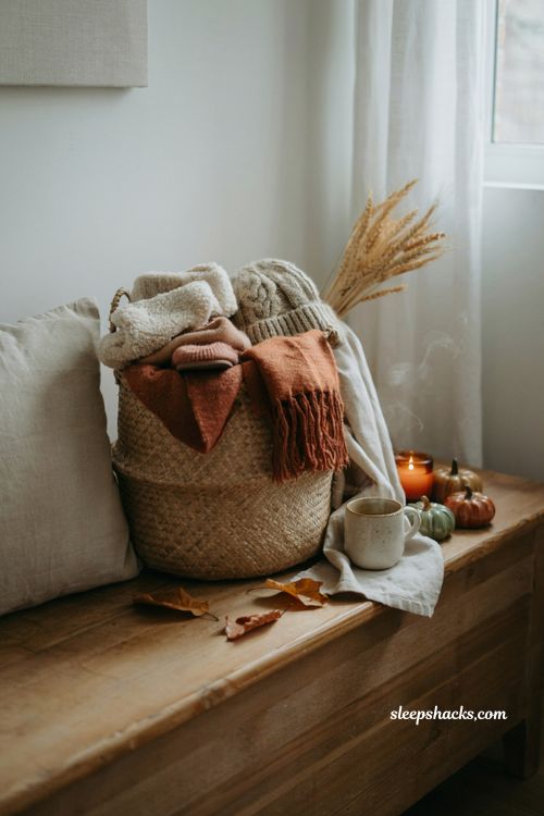 Shot type — Vertical three-quarter editorial interior photograph from slightly above a rustic craft table, centered on a beautifully curated DIY craft kit boo basket, with the complete basket, creative supplies, and surrounding cozy autumn craft space clearly visible, balanced Pinterest-friendly composition, natural depth, and every object and surface fully sharp and detailed. Room description — A warm, lived-in craft room or creative corner prepared for an autumn afternoon of hands-on making. A natural woven basket is filled with a simple fall craft project, including small unfinished pumpkins ready for painting, artist brushes, muted acrylic paints, a compact wreath-making kit, natural twine, wooden craft pieces, a small pair of craft scissors, and candle-making supplies arranged neatly but naturally. Beside the basket sits a rustic wooden worktable with a few finished miniature painted pumpkins, dried leaves, a ceramic cup holding brushes, and a folded linen cloth, creating the feeling of a thoughtful gift that gives the recipient something enjoyable to make rather than simply something to unwrap. Style and era — Cozy vintage cottage craft room blended with relaxed farmhouse and handmade studio character, featuring aged wood, woven baskets, linen textiles, handmade ceramics, natural craft materials, antique-inspired storage, and understated autumn decor. Color palette — Warm cream, oatmeal, kraft brown, muted pumpkin orange, terracotta, cinnamon, dusty sage green, mustard, soft charcoal, and natural walnut, creating a grounded creative autumn palette with gentle handcrafted character. Key props and details — Natural woven basket, unfinished wooden pumpkins, small paintbrushes, muted acrylic paint jars, compact wreath-making supplies, natural twine, wooden craft shapes, craft scissors, candle-making materials, plain kraft instruction card with no readable text, ceramic brush holder, rustic wooden worktable, finished miniature painted pumpkins, dried autumn leaves, small wooden tray, linen cloth, and natural greenery. Keep all craft packaging, instruction cards, paint labels, and containers completely free from readable branding, logos, or text. Include realistic imperfections such as small paint marks on the craft table, slightly uneven brush placement, visible wood grain, loose twine ends, naturally scattered dried leaves, subtle wax texture, handmade ceramic glazing variations, worn basket fibers, tiny paint splatters, and casually arranged supplies so the scene feels genuinely handmade and personally assembled rather than perfectly staged. Lighting — Soft natural late-afternoon light entering through a nearby craft-room window, gently illuminating the basket, unfinished pumpkins, paints, wooden tools, ceramics, and autumn materials with realistic soft shadows. Add a subtle warm ambient glow from a nearby table lamp, creating the feeling of a slow autumn afternoon spent painting, crafting, experimenting, and making something by hand. Mood and atmosphere — Soft autumn colors that instantly create warmth, old textures that add depth and character, and simple handmade details that create lasting charm. The image should evoke opening the basket, choosing a project, spreading supplies across the table, and becoming absorbed in a relaxing creative activity. Warm, imaginative, nostalgic, thoughtful, playful, tactile, calming, and inspiring, with the basket feeling like both a seasonal gift and an invitation to slow down and make something meaningful. Technical tail — no people, no text, no watermarks, no blur, no bokeh, all surfaces in sharp focus, photorealistic, 4K resolution, editorial interior photography, Pinterest-worthy