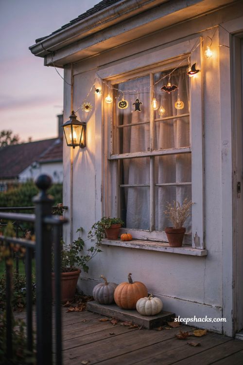 Silhouette string lights for Halloween windows with glowing ghosts and spiders 