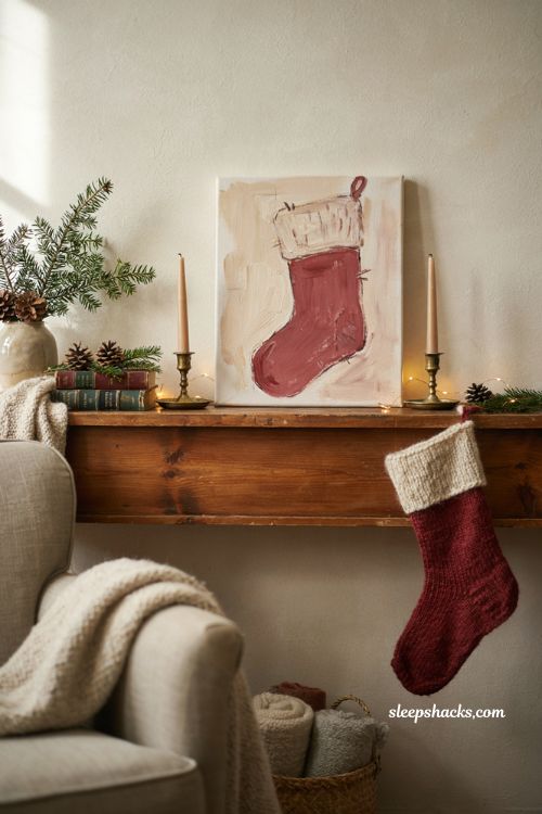 Simple Christmas stocking painting on canvas with cozy farmhouse mantel decor