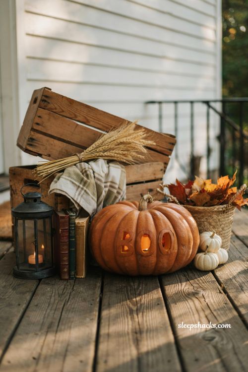 Simple boo lettering pumpkin carving idea for a cozy farmhouse Halloween porch