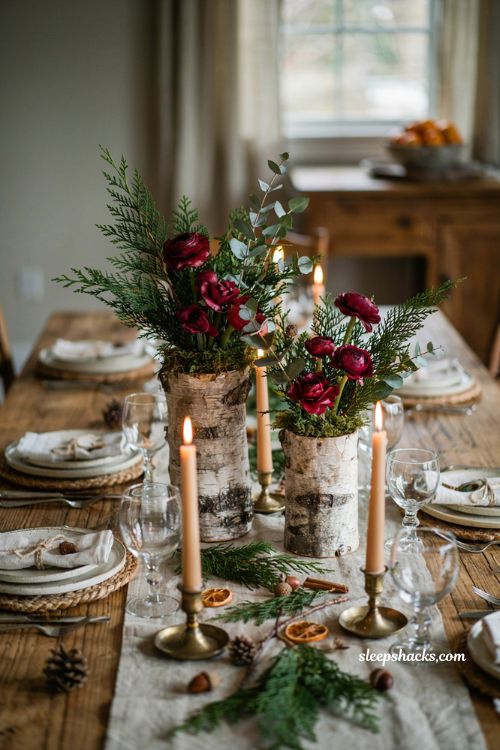 Simple christmas centerpieces for table with birch bark vase duo and woodland holiday flowers