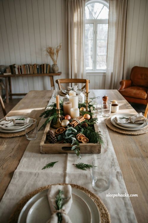 Simple christmas centerpieces for table with candles greenery and rustic farmhouse holiday decor