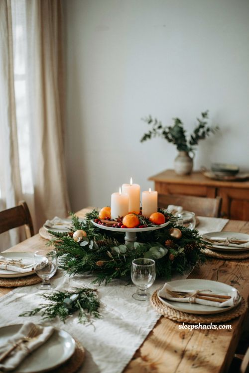 Simple christmas centerpieces for table with evergreen wreath wrapped cake stand and candles