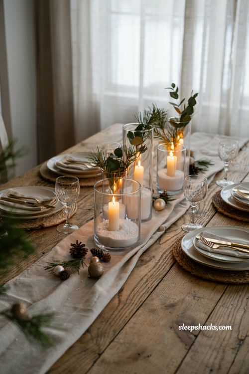 Simple christmas centerpieces for table with layered snow filled glass cylinder candles
