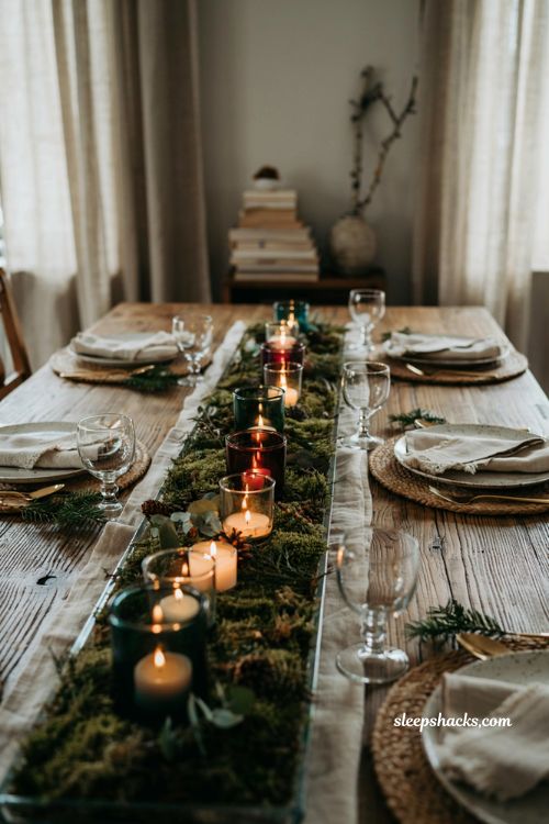 Simple christmas centerpieces for table with moss tray and glowing votive candles