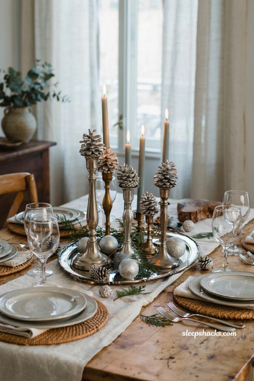 Simple christmas centerpieces for table with silver candlesticks and painted pinecones