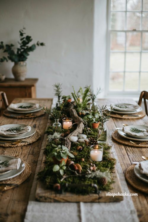 Simple christmas centerpieces for table with woodland moss log and natural holiday decor