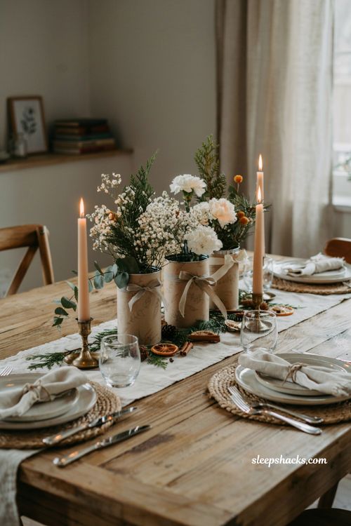 Simple christmas centerpieces for table with wrapped coffee tin flower arrangements