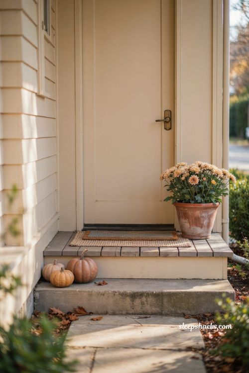 Simple fall front porch ideas for small stoop with layered rug planter and pumpkins 