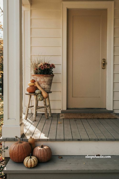 Simple fall front porch ideas with grouped pumpkins in odd numbers and cozy autumn accents 