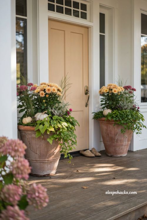 Simple fall front porch ideas with matching planters mums and small pumpkins 