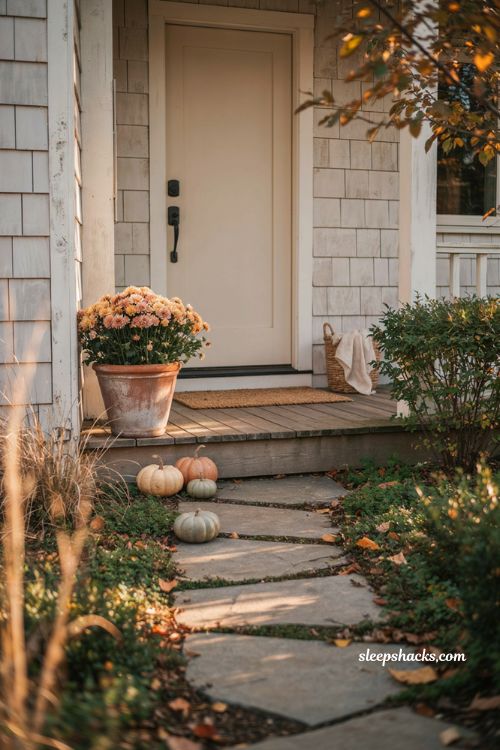 Simple fall front porch ideas with mums pumpkins walkway and extended garden decor 