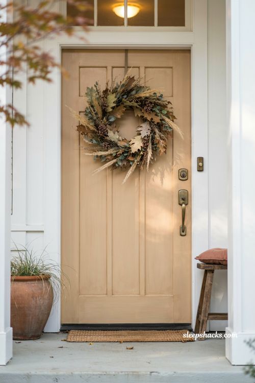 Simple fall front porch ideas with natural wreath dried leaves wheat and berries 
