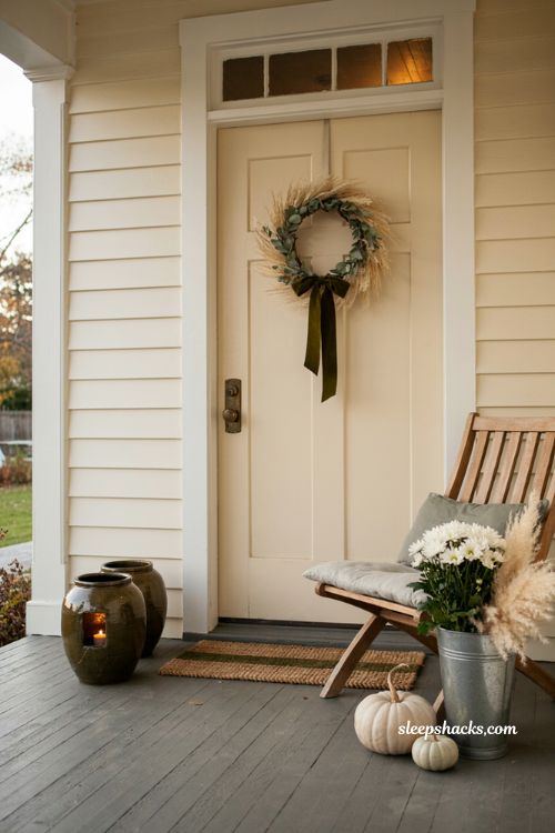 Simple fall front porch ideas with repeated deep green accents wreath doormat and lantern 