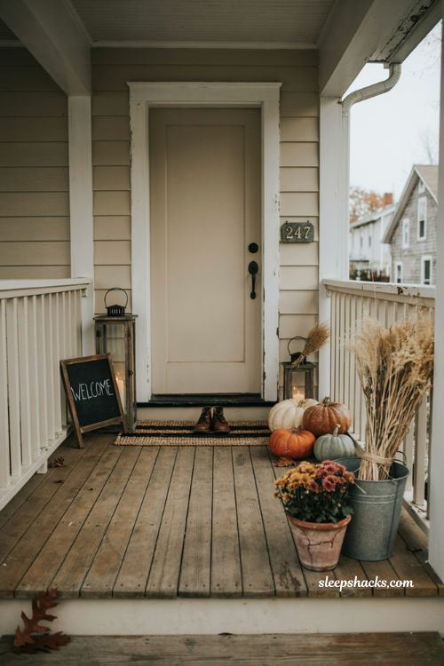 Simple fall front porch ideas with weather resistant pumpkins mums and durable outdoor decor 