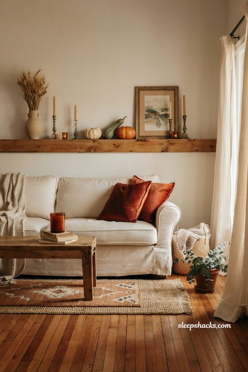 Simple fall mantel ideas with gourds candles and dried wheat decor