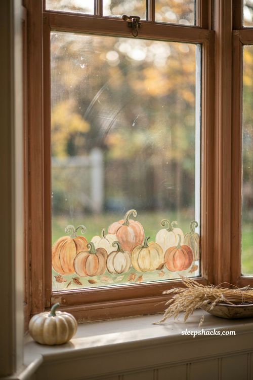 Simple fall window painting with pumpkins orange cream yellow and hand painted autumn details