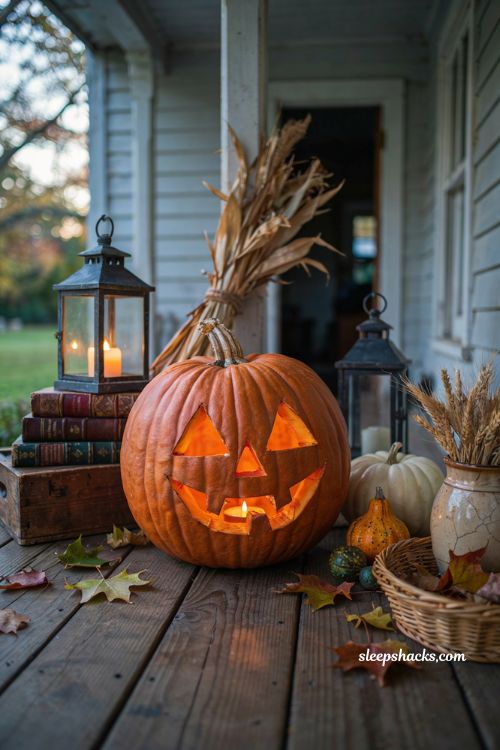 Simple pumpkin carving idea with exaggerated fang teeth for a classic Halloween farmhouse porch