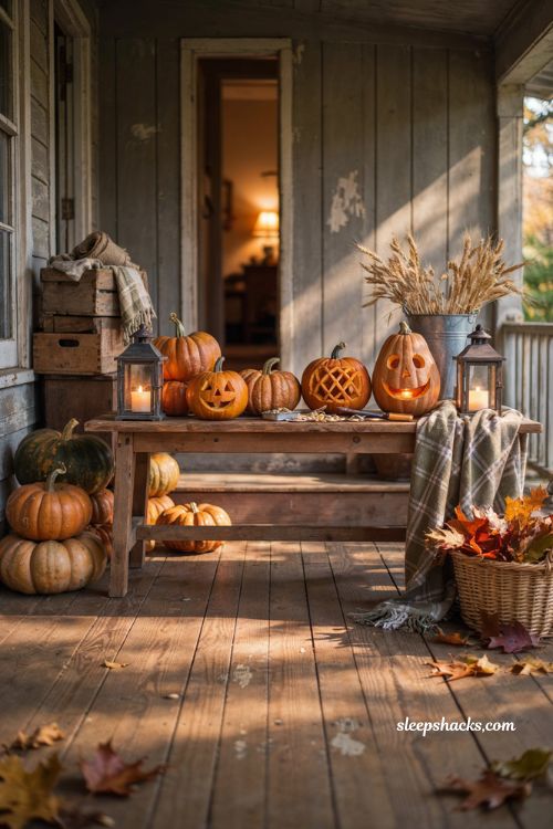 Simple pumpkin carving ideas for a cozy farmhouse porch with easy DIY Halloween decor