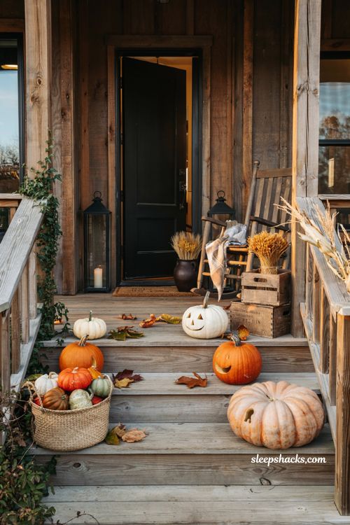 Simple pumpkin carving ideas layered on farmhouse front steps for an easy Halloween porch display
